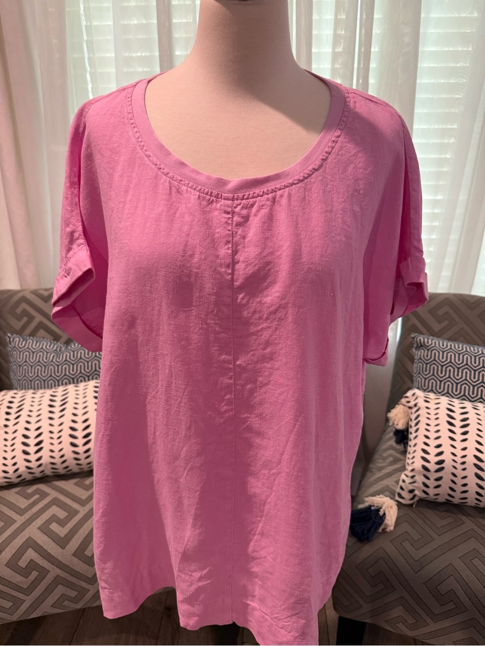 Flax Relaxed Scoop Neck Short Sleeve Tunic in Pink, 100% Linen
